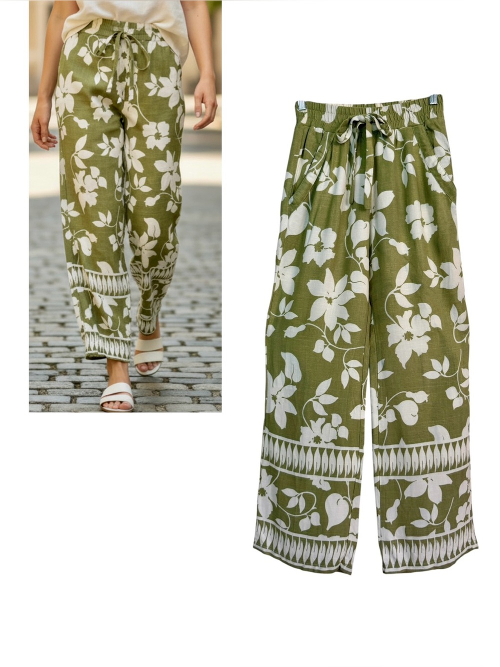 SIENNA SKY Olive Ivory Wide Leg Pants Size Medium Casual Elastic Pull-on Summer